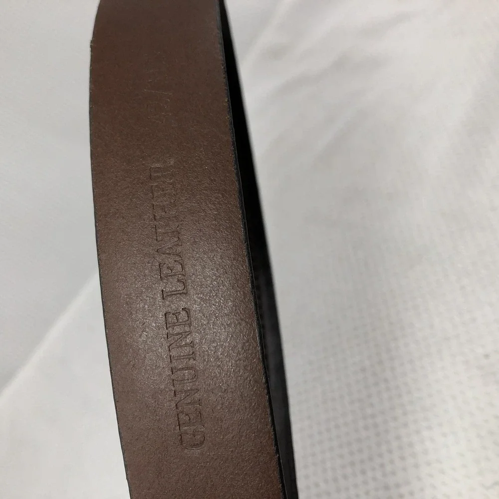 Genuine leather dress belt men's 38-42 brown‎ brass buckle stitch accent